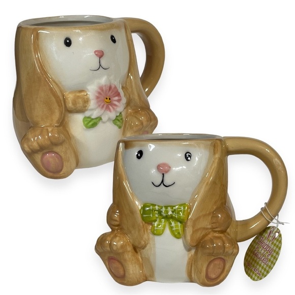 Easter Ceramic Mug Boy Girl Pair 16 oz Hand Painted Pastel Bunny Gift Set - Picture 1 of 11